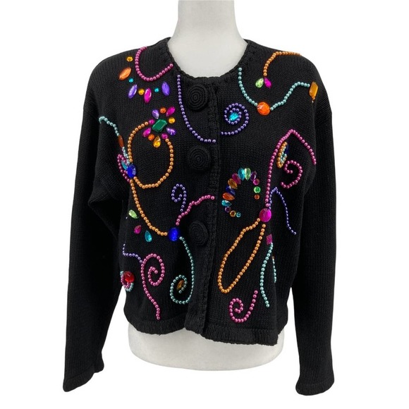 Vintage MY 90s Fun Embellished Beaded and Jeweled Cardigan Sweater - Picture 1 of 11